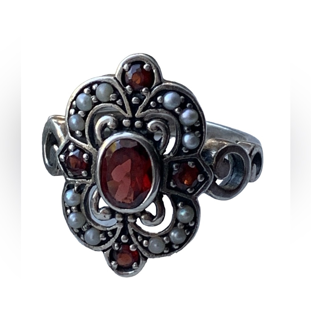 Vintage Rich Ruby Red & Seed Pearl Sterling Silver Ornate Woman’s Ring Jewelry